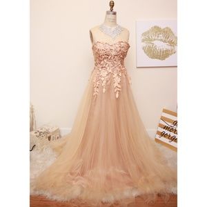 Ethereal champagne tulle gown- lace floral overlay